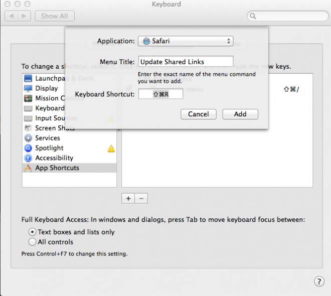 OS X 10.9 Mavericks Aggiornare rapidamente i link condivisi, Shared Link, in Safari
