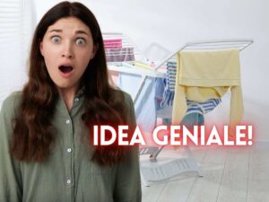 donna scioccata e stendino con panni stesi