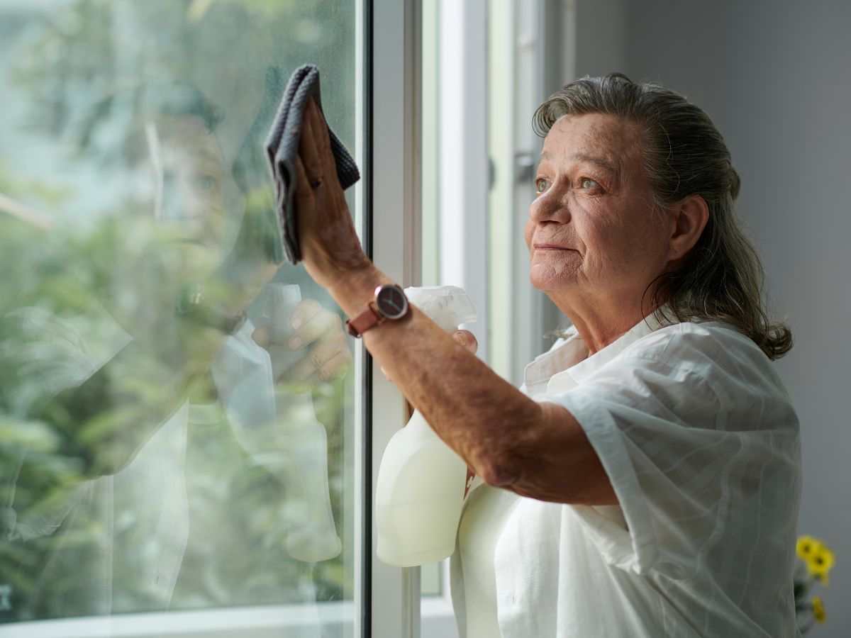 anziana pulisce vetro finestra
